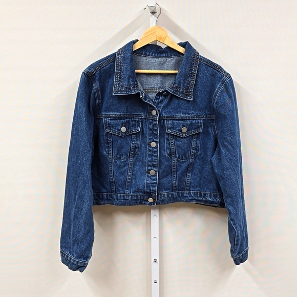 Jackets & Blazers - Cropped Denim Jacket with Embroidery Detail Collar